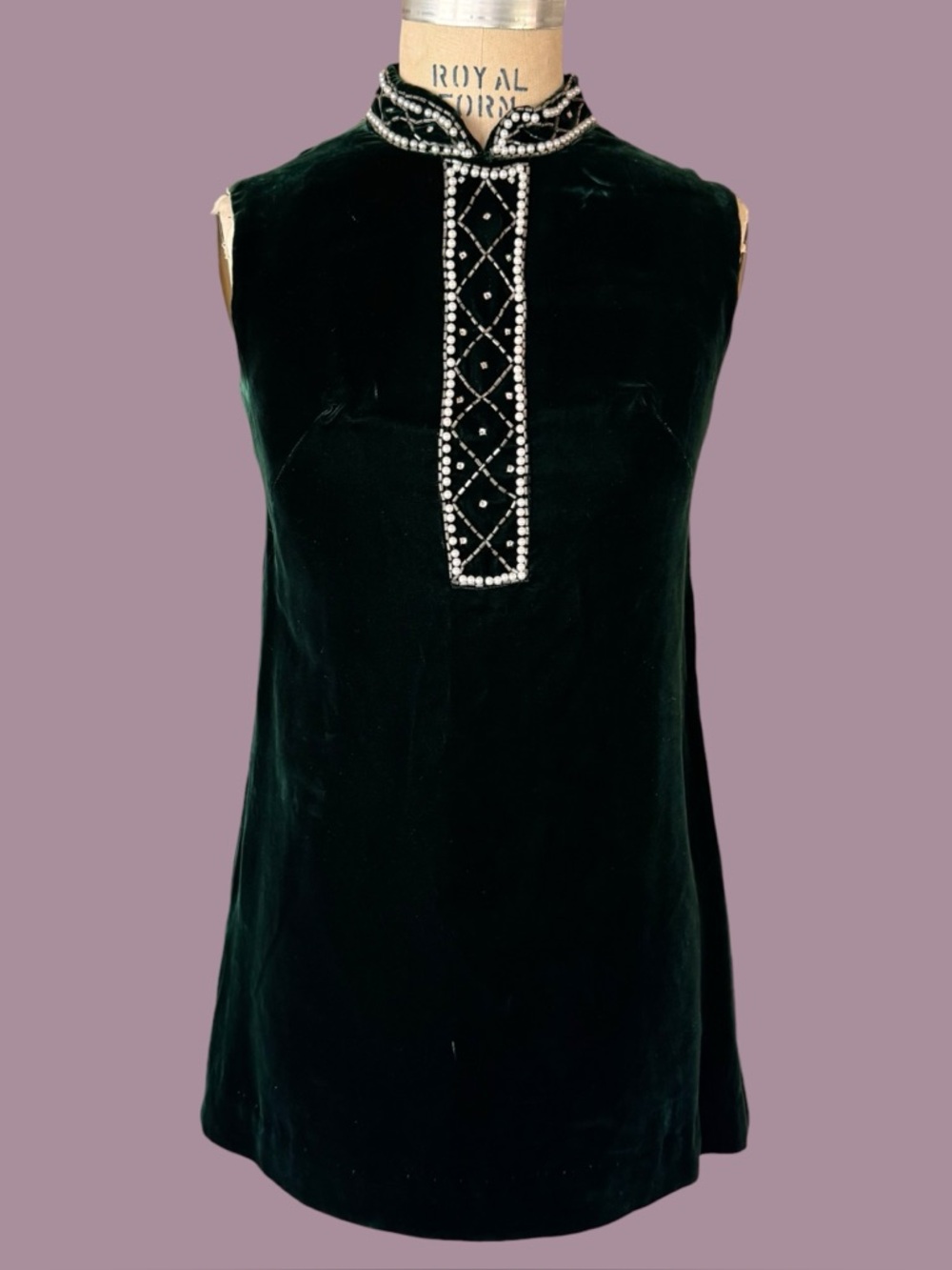 Vintage 60s Green Velvet Beaded Mini Mod Shift Dress